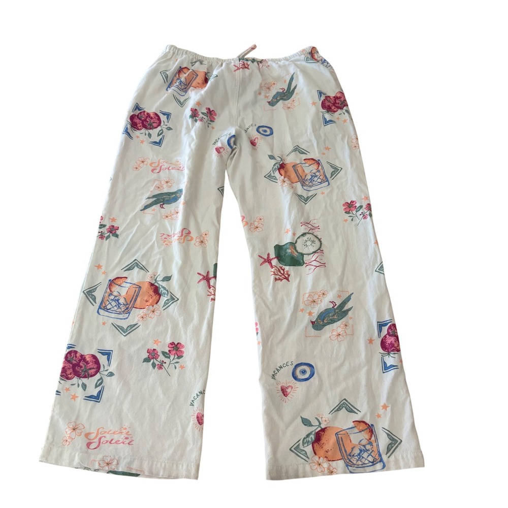 Cali 1850 Womens Vacation Print Linen blend Lounge Pants White Wide Leg Sz L - Picture 2 of 13